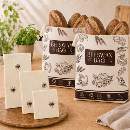 Bijenwas bewaarset met twee broodzakken gevuld met brood en drie wraps op een houten plank