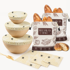 Bijenwas complete set: drie bowl covers over rijsmanden, twee broodzakken met brood en drie wraps met bijenprint