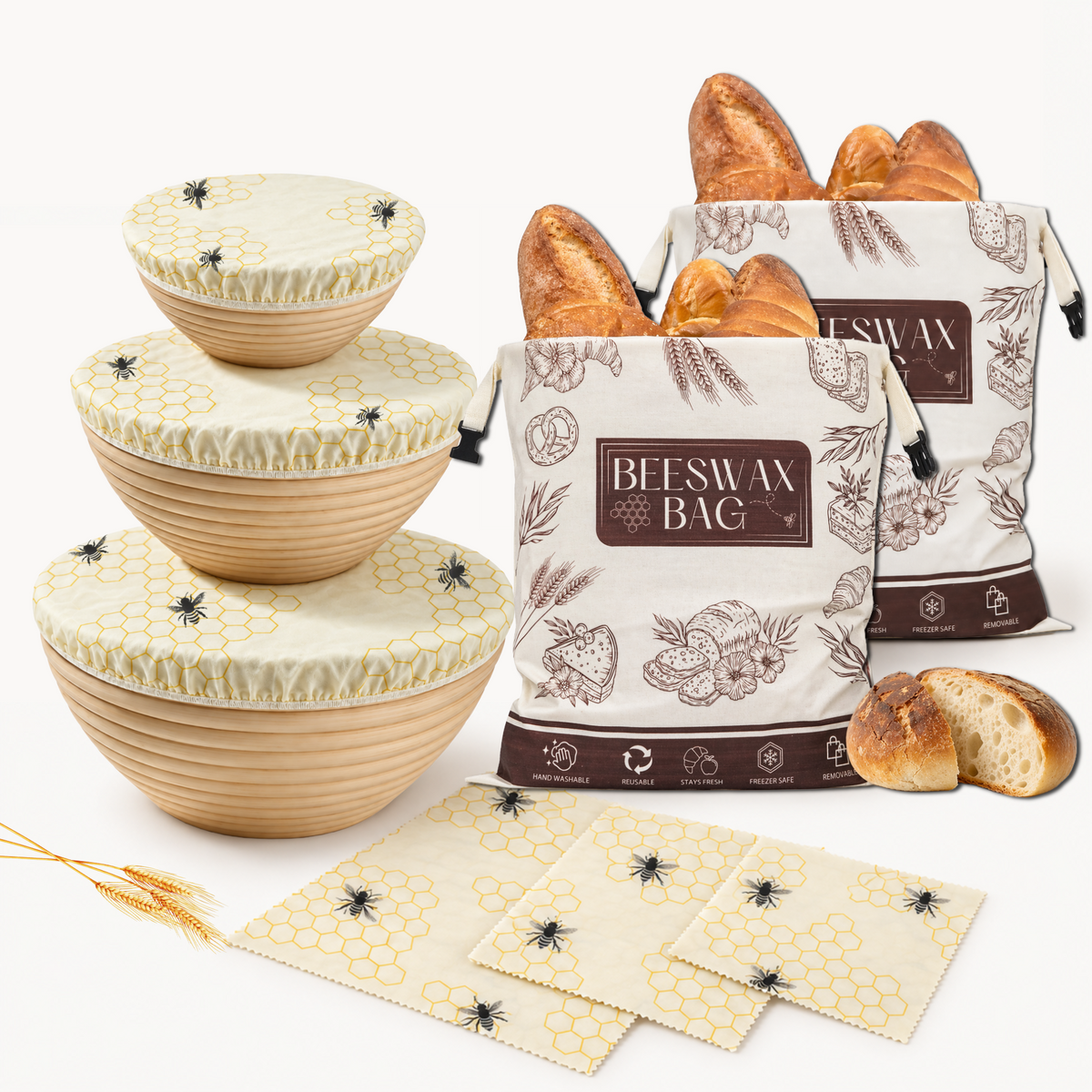 Bijenwas complete set: drie bowl covers over rijsmanden, twee broodzakken met brood en drie wraps met bijenprint